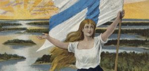 Vanha kansallisromanttinen maalaus jossa nainen Suomen lipun kanssa