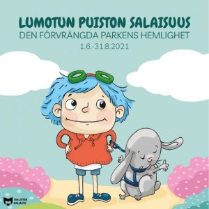Lumotun puiston salaisuus -kampanjan juliste, jossa sinitukkainen päähenkilö ja hänen kaninsa