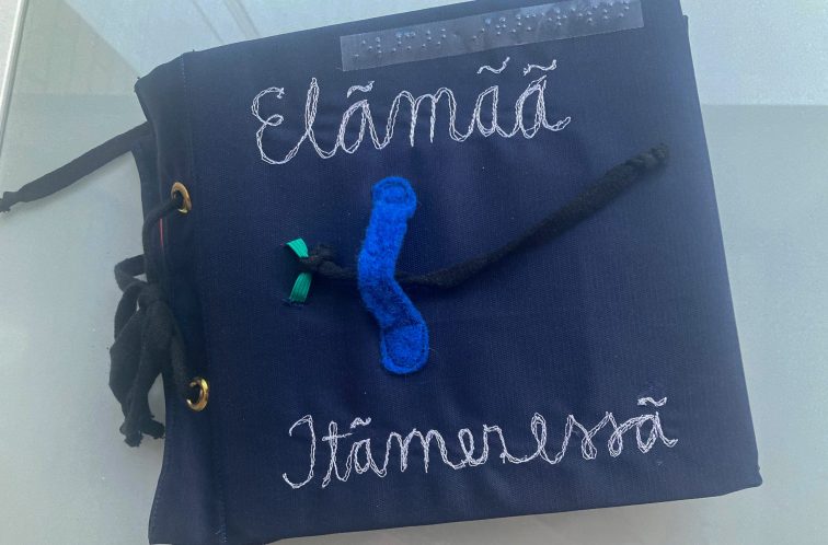 Bokomslag med mörkblå bakgrund på en taktil bok. På omslaget står det Elämää Itämeressä med vit text och punktskrift högst upp.