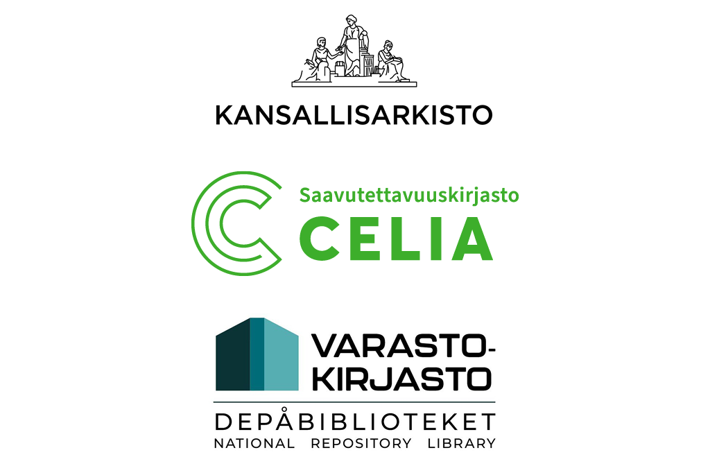 Kansallisarkiston, Saavutettavuuskirjasto Celian ja Varastokirjaston logot päällekkäin.