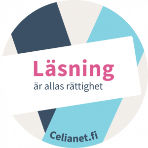 På en ljus bakgrund finns mörkblå och ljusblå rombformade mönster. I mitten, på en vit bakgrund, står texten: Läsning är allas rättighet. Celianet.fi. Ordet Läsning är i rosa, den övriga texten i mörkblått.