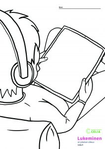 Piirroskuva henkilöstä, joka kuuntelee kuulokkeilla ja pitää sylissään tablettia. Kuvan alareunassa on Saavutettavuuskirjasto Celian logo ja teksti Lukeminen on jokaisen oikeus – Celia.fi.