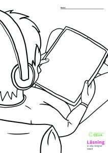 Tecknad bild av en person som lyssnar med hörlurar och håller en surfplatta i knät. Längst ner i bilden finns Tillgänglighetsbiblioteket Celias logotyp och texten ”Läsning är allas rätt – Celia.fi”.