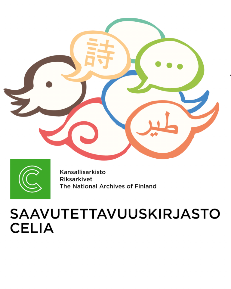 Satakielikuukauden logo, jossa erivärisiä puhekuplia ja Saavutettavuuskirjasto Celian logo, jossa vihreällä taustalla valkoinen tyylitelty C-kirjain. Logon oikealla puolella tekstit: Kansallisarkisto, Riksarkivet, The National Archives of Finland. Alla isolla kirjaimilla teksti: Saavutettavuuskirjasto Celia.